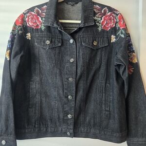 1 Bliss Lane Floral Embroidered Black Denim Jacket. XLarge